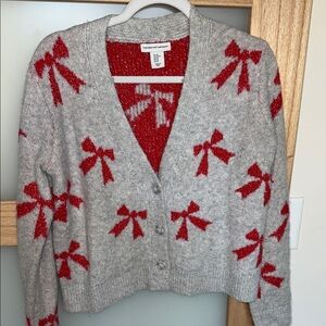 cupcakes & cashmere Gray Cardigan with Red Bow Accents
